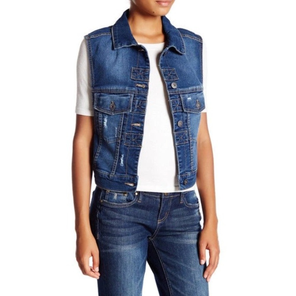 Unionbay Denim Vest S Blue Distressed Cropped Trucker Jean Layering Indie Grunge